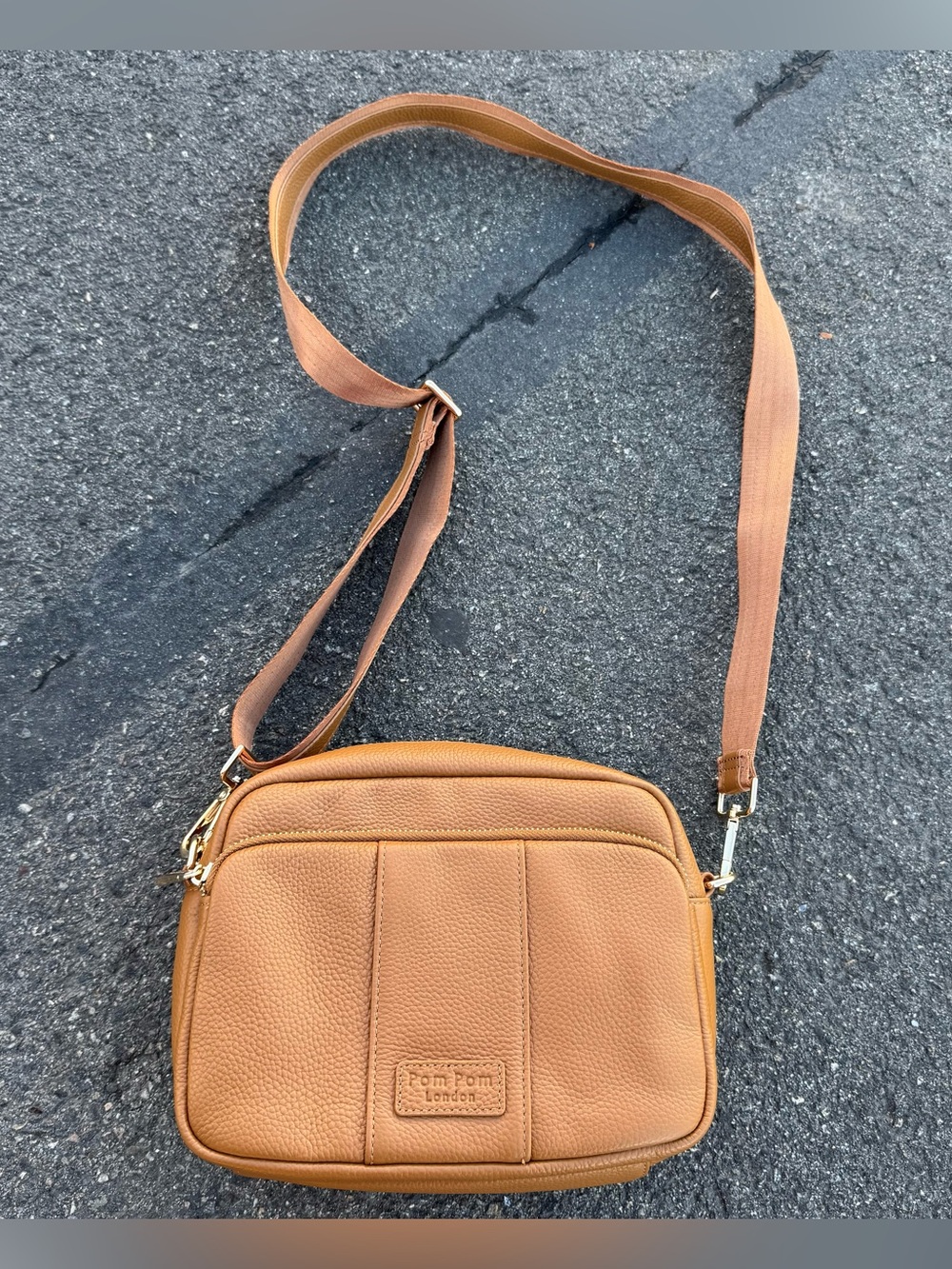 Pom Pom London Original Plus Leather Crossbody Shoulder Bag Brown Leather Wallet